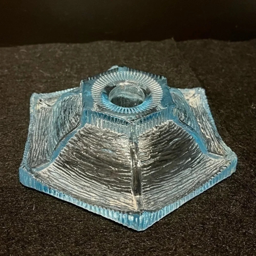 Vintage LE Smith Ice Blue Etched Glass Candlestick Holder